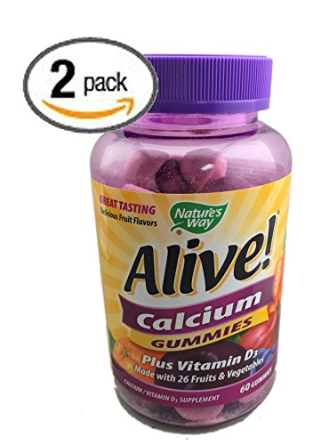 2-Pack Natures Way Alive  Calcium Gummies Plus Vitamin D3 - 60 Gummies Gluten Free and Vegetarian Friendly  120 Calcium Gummies