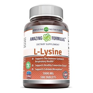 Amazing Nutrition Amazing Formulas L-Lysine - 1000mg Amino Acid Vitamin Tablets - Commonly Used For Cold Sores  Shingles  Immune Support  Respiratory Health   More - 180 Vegetarian Tablets Per Bottle