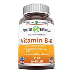 Amazing Nutrition Vitamin B6 Dietary Supplement – 25 mg  250 Tablets – Supports Healthy Nervous System  Metabolism   Cell Health
