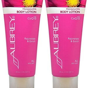 Aubrey Organics Honeysuckle Body Lotion (Pack of 2) With Lavender  Aloe Vera  Sunflower  Sweet Almond  Radish  Rosa Mosqueta  Jojoba  Grapefruit  Vitamin C  Vitamin E  Soybean and Carrot  3 oz  each
