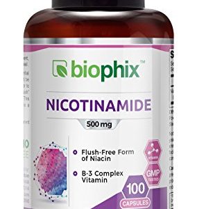 B-3 Nicotinamide 500 mg 100 Capsules - Natural Flush-Free Vitamin Formula   Gluten-Free Nicotinic Amide Niacin   Supports Skin Health   UV Protection   Healthy Cell Repair