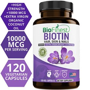 Biofinest Biotin (Vitamin B7) Supplement - with Extra Virgin Organic Coconut Oil - High Potency for Hair Growth  Skin   Nails Care  Healthy Immune System - 10 000mcg (120 Vegetarian Liquid Capsules)