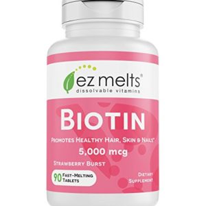 EZ Melts Biotin for Hair  Skin  Nails  5 000 mcg  Sublingual Vitamins  Vegan  Zero Sugar  Natural Strawberry Flavor  90 Fast Dissolve Tablets