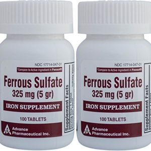Ferrous Sulfate Iron Supplement 325 mg (5GR) Generic for Feosol Red Tablets 100 Tablets per Bottle Total 200 tablets by ADVANCE PHARMACEUTICAL