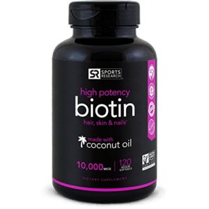 High Potency Biotin (10 000mcg) with Organic Coconut Oil  Supports Hair Growth  Glowing Skin and Strong Nails  120 Mini-Veggie Softgels