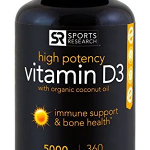 High Potency Vitamin D3 (5000iu) enhanced with Coconut Oil for Better Absorption ~ Bone  Joint and Immune system support ~ Non-GMO   Gluten Free  360 Mini Liquid Softgels  Made in USA