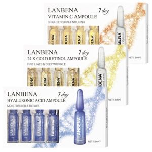 LANBENA Vitamin C Serum Hyaluronic Acid Serum Retinol 24K Gold Serum Ampoule For Face Skin Care 100  Natural Ingrendients -Anti Wrinkle  Anti Aging Remove Freckle Whitening Moisturizing  of 3 Set