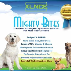MightyBites - Dog Vitamins  Pour the liquid supplement with glucosamine over dog food for pet joint care  The best multivitamin for senior dog hip and eye support  Digestive enzyme treatment improves