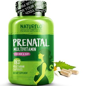 NATURELO Prenatal Whole Food Multivitamin - with Natural Iron  Folate and Calcium - Vegan   Vegetarian - Non-GMO - Gluten Free - 180 Capsules   2 Month Supply