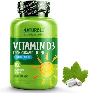 NATURELO Vitamin D - 2500 IU - From Organic Lichen - Best Natural D3 Supplement for Immune System  Bone Support  Joint Health - Whole Food - Vegan - Non-GMO - Gluten Free - High Potency - 180 Capsules