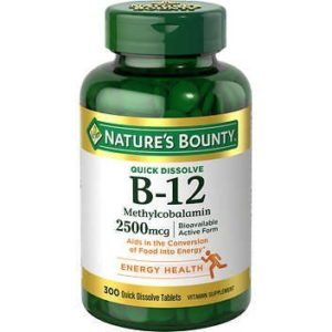 Nature's Bounty Quick Dissolve Fast Acting 2500 mcg Vitamin B-12 Methylcobalamin Natural Cherry Flavor (300 tablets)