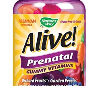 Nature's Way Alive  Prenatal Premium Gummy Multivitamin with DHA  Fruit and Veggie Blend (150mg per serving)  Full B Vitamin Complex  Gluten Free  Made with Pectin  75 Gummies