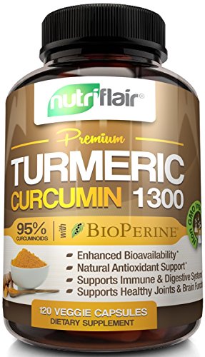 NutriFlair Premium Turmeric Curcumin Supplement (1300mg) with BioPerine Black Pepper (120 Capsules  60 Day Supply) - Powerful Joint Pain Relief  Anti-Inflammatory Antioxidant - GMO and Allergen Free