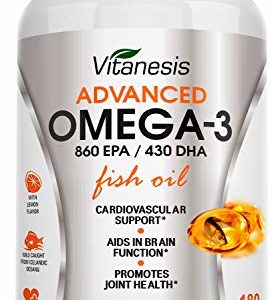 Omega 3 Fish Oil Supplement - Triple Strength EPA 860mg   DHA 430mg - Burpless with Lemon Flavor - Easy to Swallow - Mercury Free - Top Joint  Heart and Brain Health Formula