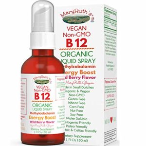 Organic Vitamin B12 (Methylcobalamin) Liquid Sublingual Spray by MaryRuth Liposomal Energy Boost - Sugar Free - Non-GMO Vegan - Gluten Free - Paleo - Bariatric   Celiac 1oz Glass Bottle