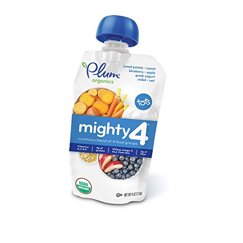 Plum Organics Mighty 4  Organic Toddler Food  Sweet Potato  Carrot  Blueberry  Apple  Greek Yogurt  Millet   Oat  4 ounce pouch (Pack of 12)