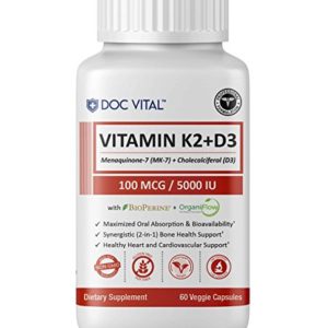 Premium Vitamin K2 (MK7)   D3 with BIOPERINE   ORGANIFLOW for Optimal Absorption   Vitamins D   K for Bone and Heart Health Supplement - 5000 IU D3   100 mcg K2 MK-7 - 60 Veggie Caps