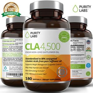 PurityLabs CLA Safflower Oil Supplement 4500mg - Max Potency Serving  Non-GMO   Gluten Free Conjugated Linoleic Acid Pills  Natural Weight Loss and Belly Fat Burner  180 Softgels
