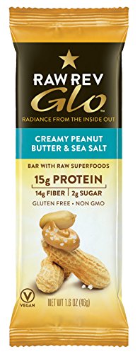 Raw Rev Glo Protein Bars  Creamy Peanut Butter   Sea Salt  1 6 Ounce Bar (Pack of 12) 15g Protein  2g Sugar  14g Fiber  Keto-Friendly  Vegan  Plant-Based Protein  Gluten-Free Snack Bar