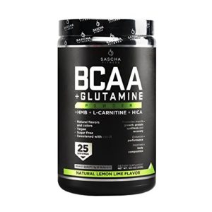 Sascha Fitness BCAA 4 1 1   Glutamine HMB L-Carnitine HICA   Powerful and Instant Powder Blend with Branched Chain Amino Acids (BCAAs) for Pre  Intra and Post-Workout   Natural Lemon Lime Flavor 350g