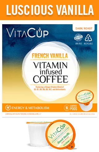 VitaCup French Vanilla Coffee K Pods 64 Ct  Infused With Essential Vitamins B12  B9  B6  B5  B1  and D3  Single Serve Keurig Compatible Top Rated Cups