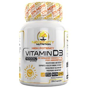 Vitamin D3 5000 IU Softgels Supplement 396 Capsules Gluten Free Made Organic Coconut Oil Non GMO Certified Supports Immune Function Strong Bone Health High Potency Cholecalciferol Calcium Benefits