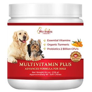 WetNozeHealth Vitamins for Dogs - Canine Multivitamin Supplement with Organic Turmeric and Probiotics for Large and Small Dogs  Chicken Flavor - 60 Soft Chews