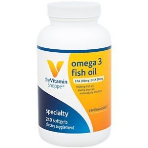 The Vitamin Shoppe Omega 3 Fish Oil 1000MG  EPA 300mg DHA 200mg  Purity Assured  Molecularly Distilled to Support Cardiovascular  Joint and Brain Health (240 Softgels)