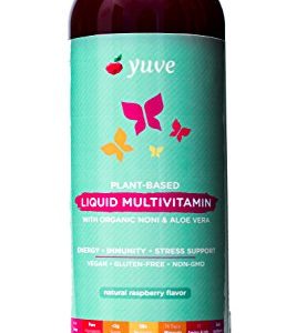 Yuve Vegan Liquid Daily Multivitamin - Vitamins A B C D3 E K  Zinc  Biotin  Opti MSM  Minerals   Amino Acids Complex (BCAA) - Natural  Non-GMO  Paleo  Sugar   Gluten Free - Raspberry Flavor - 16oz