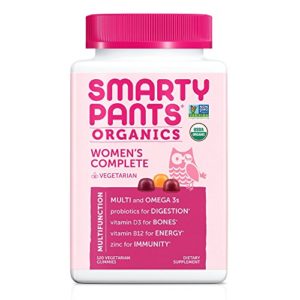 SmartyPants Organic Women’s Complete Daily Gummy Vitamins  Gluten Free  Vegetarian  Multivitamin   Omega-3  Probiotic  Vitamin D3  Vitamin B12  Non-GMO  120 Count (30 Day Supply)